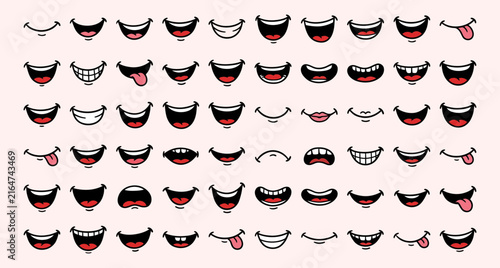 Cartoon mouth expressions set with smiling laughing and tongue out lips
