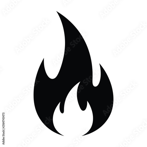 Black flame icon symbol on white background for fire or heat concept
