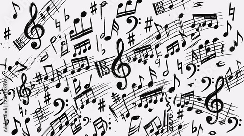 Dynamic musical notes staff and treble clef sketch pattern background