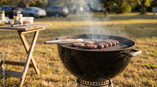 Burgers and sausages grilling on a charcoal kettle grill at an autumn tailgate party