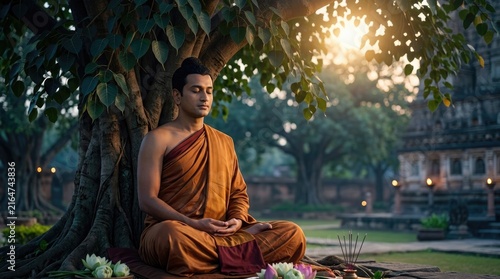 Spiritual Buddha enlightenment: Gautama meditation, Bodhi tree, serene monk, lotus flower, temple dawn, incense smoke, sacred pose, peaceful morning, orange robe.