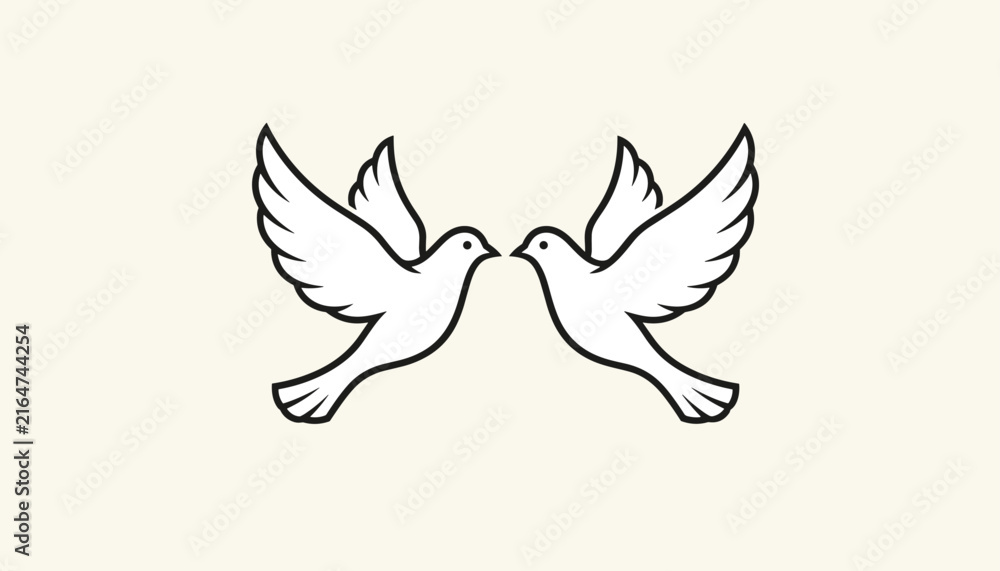 Fototapeta premium Two graceful white doves flying towards each other symbolizing peace and love on a cream background.