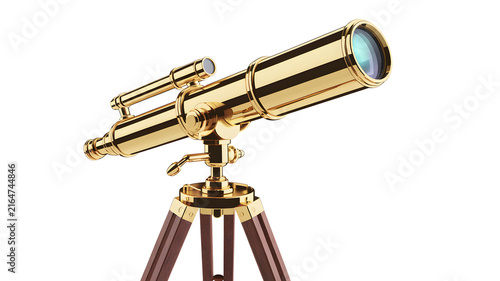 Golden telescope standing on wooden tripod