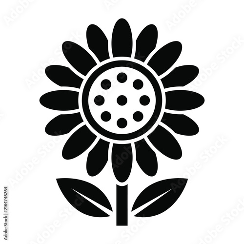 Black sunflower icon with leaves on white background simple floral symbol