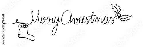 Merry Christmas single continuous line art with stocking and holly leaves festive lettering one sketch outline drawing vector illustration