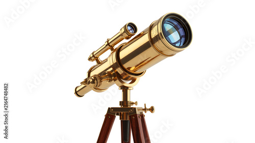 Vintage brass telescope on wooden tripod isolated on white background