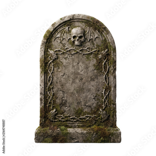 Photography Ancient gothic tombstone with skull and bat wings isolated