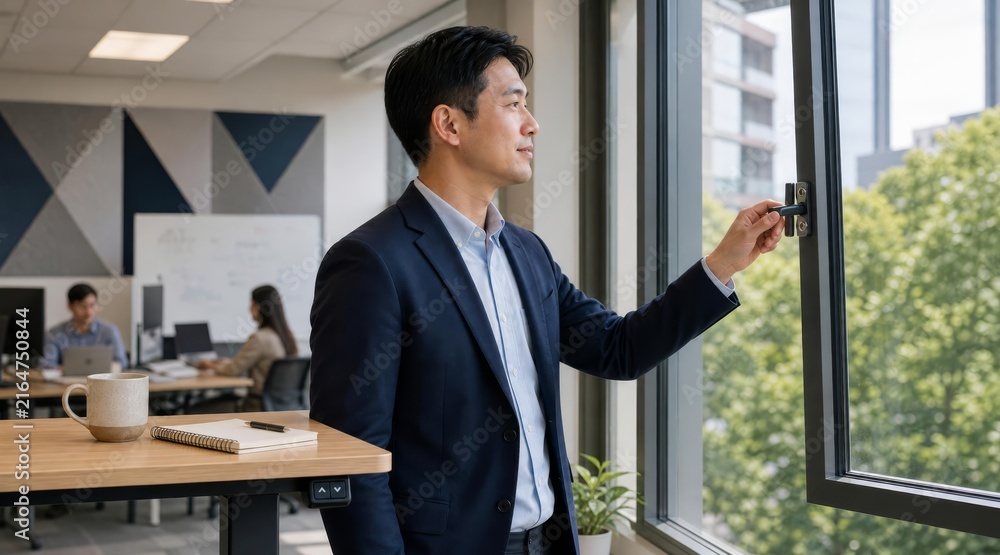 Fototapeta premium Corporate office worker opening window for fresh air break