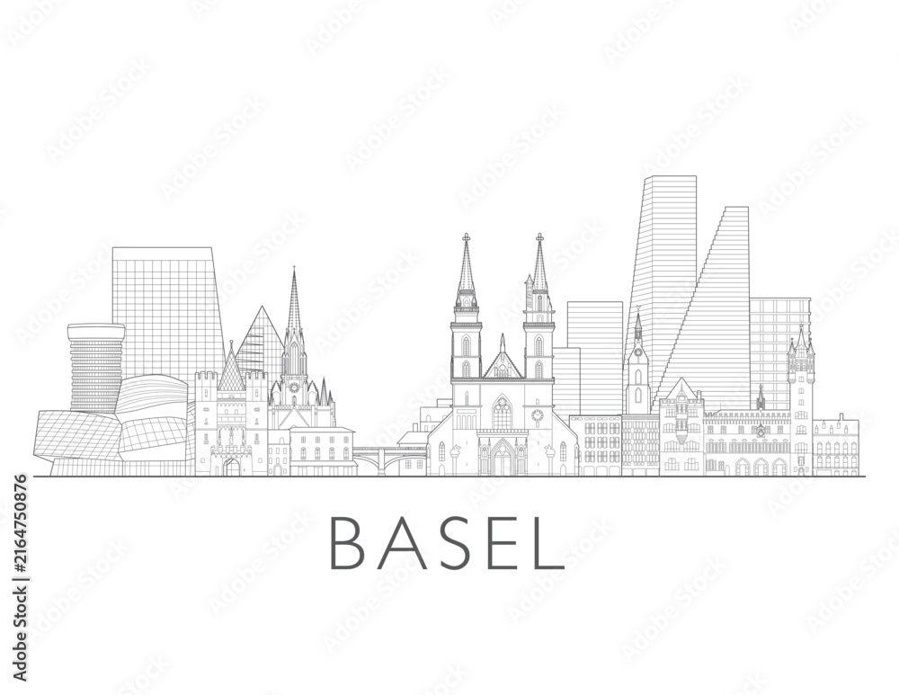 Obraz premium Basel skyline, Switzerland. Urban cityscape with landmarks and monuments. Hand drawn line art digital skyline illustration.