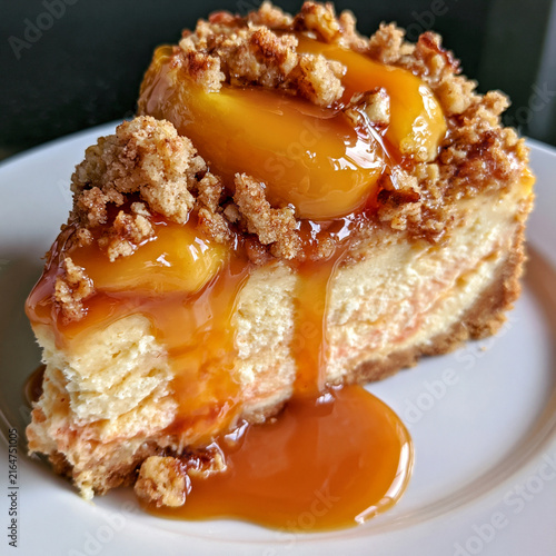 Peach Crumble Cheesecake with Caramel Drizzle