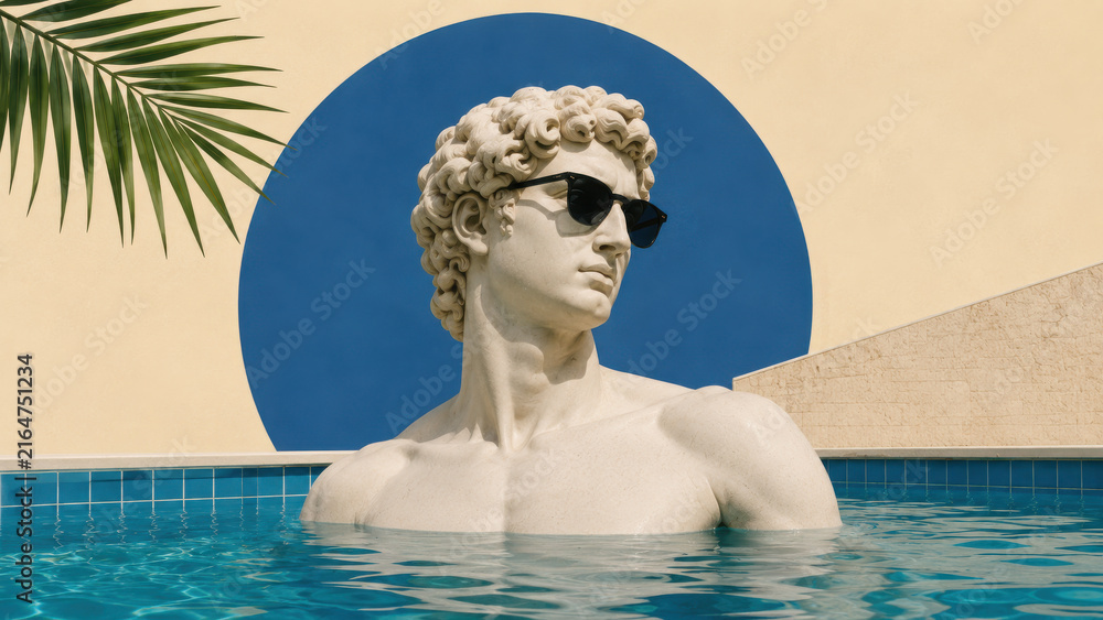 Fototapeta premium Classical statue wearing sunglasses relaxing in swimming pool, summer vacation concept