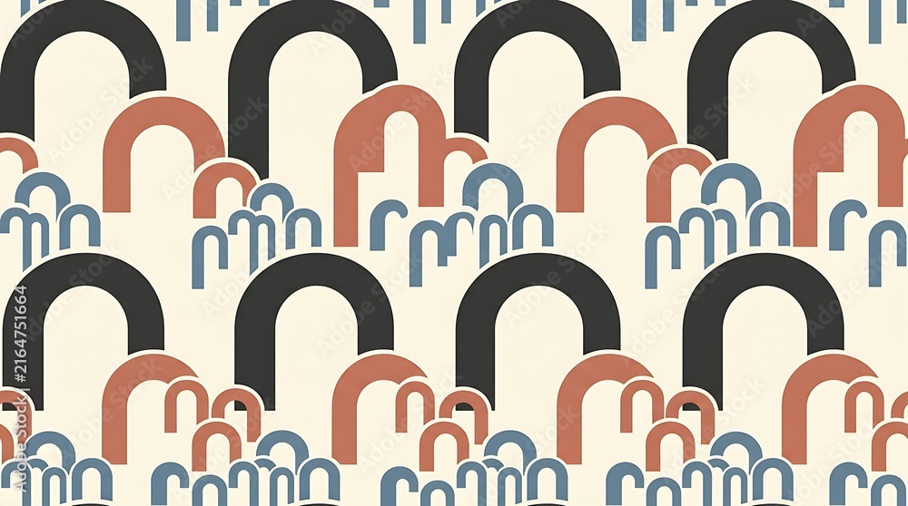 Seamless modern geometric pattern featuring layered abstract arches in terracotta charcoal and blue on cream background