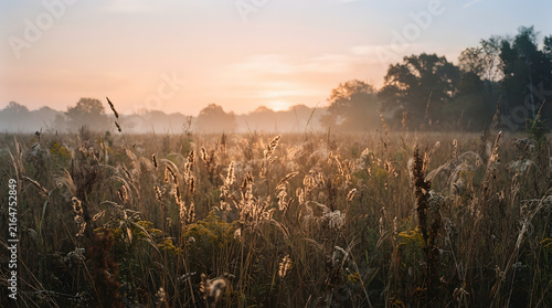 Sunrise over misty golden wheat field with warm glowing light and rural landscape backdrop