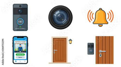 Smart doorbell icon set vector illustration featuring a video camera, mobile app monitoring, doorbell ring, and wooden front door security devices