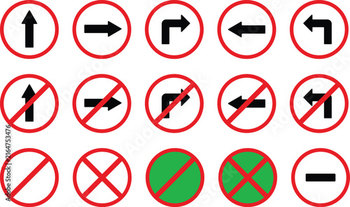 Traffic Sign Collection with Direction Arrows Prohibition Symbols and Road Regulation Icons Set