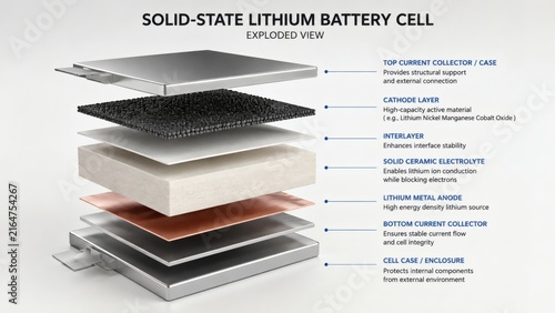 Exploded View 3D Diagram of Solid State Battery Cell Layers and Anode
