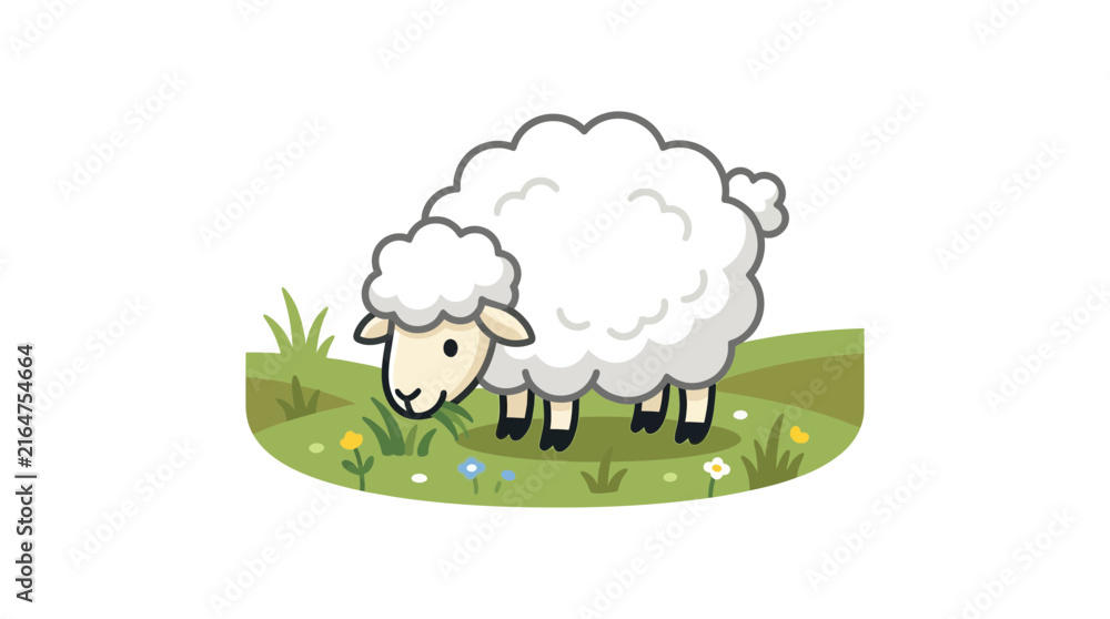 Obraz premium Cute cartoon sheep with fluffy white wool grazing in a vibrant green meadow with small colorful flowers, depicting a peaceful farm animal scene.