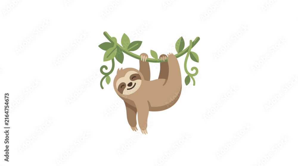 Naklejka premium Cute cartoon sloth hanging upside down from a leafy green branch with a happy smile on a white background.