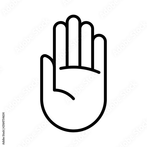 Linear vector graphic of an open hand palm gesture. Black outline icon for stop sign, high five, greeting, touch, and human hand symbol isolated on white background.