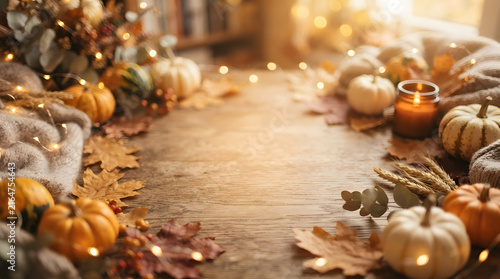 Autumn harvest pumpkins and gourds with fall leaves in warm golden sunlight for seasonal decor