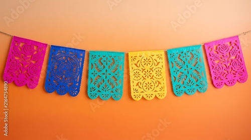Vibrant papel picado banner for Mexican fiesta ,Hispanic Heritage Celebration Month, Latino Ctivalultural Festival, Cinco de Mayo, Día de los Muertos, Carnaval, Inti Raymi