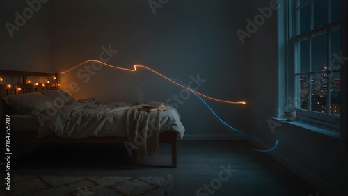 Dynamic circular light painting trails creating a glowing vortex in a dimly lit apartment room with fairy lights, created with generative ai.
