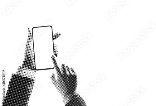 Vector collage element of a hand holding a smartphone, halftone newspaper style, modern technology and communication concept