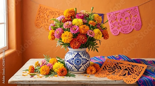 Vibrant Mexican Fiesta Flowers and Decorations ,Hispanic Heritage Celebration Month, Latino Ctivalultural Festival, Cinco de Mayo, Día de los Muertos, Carnaval, Inti Raymi