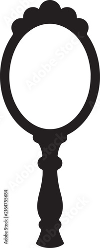 Black silhouette of a vintage hand mirror with an oval frame, ornate scalloped edge, and a decorative handle, isolated on a white background, also transparent background