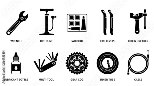 Bicycle repair tools icon set with twelve black‑and‑white line drawings including wrenches, pump, patch kit, levers, chain breaker, lubricant, and multi tool.