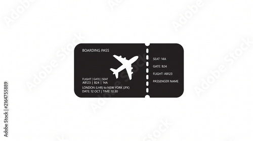 Stylized airplane ticket icon with dotted perforation, black rectangle, and white silhouettes of planes symbolizing modern air travel and ticketing.