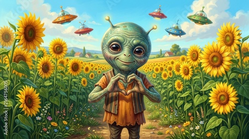 Friendly alien making a heart gesture in a sunflower field with flying saucers in the sky, whimsical extraterrestrial encounter, creative concept for UFO Day celebration
