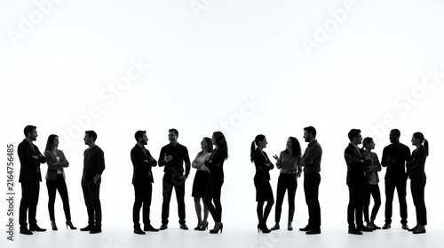 Professional networking scene with silhouetted business people conversing, collaborating, and engaging in social interaction against a bright minimal background.