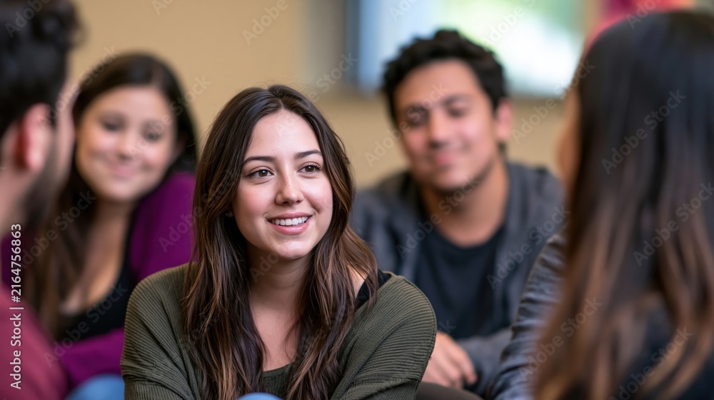 Fototapeta premium Young adults offering support during group conversation in community room