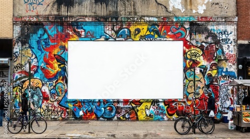 Blank billboard on colorful street graffiti wall.