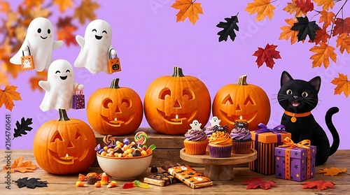 Cute halloween party setup with carved pumpkins ghosts black cat and sweet candy treats