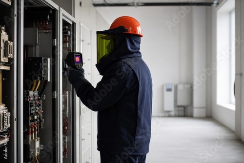 Electrician using thermal camera to inspect industrial switchgear
