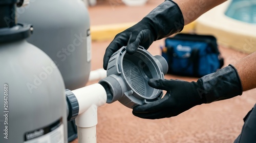 Professional technician installing equipment for cleaning swimming pool water.