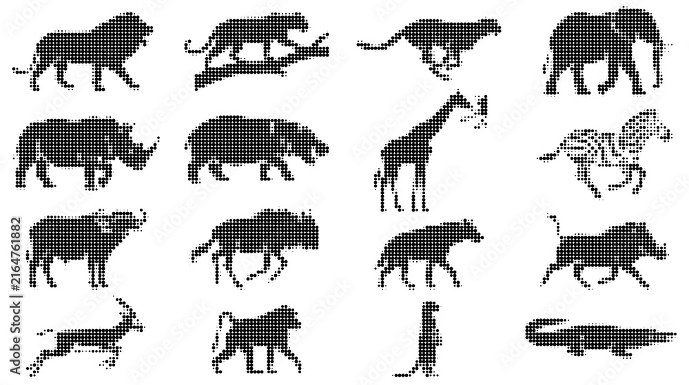 Naklejka premium Set of various wild african animal silhouettes made of halftone dots
