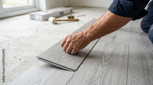 A worker performing home improvement by laying new laminate wood texture vinyl tile flooring.
