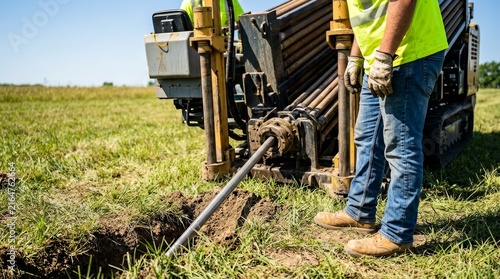 Trenchless technology using a directional drill for underground fiber optic network installation.