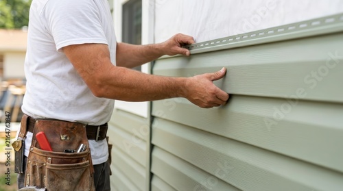 Professional contractor installing sage green vinyl siding during a home renovation project.