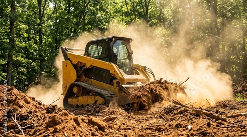 Land development preparation in a rural forest with a bulldozer clearing dirt and debris.
