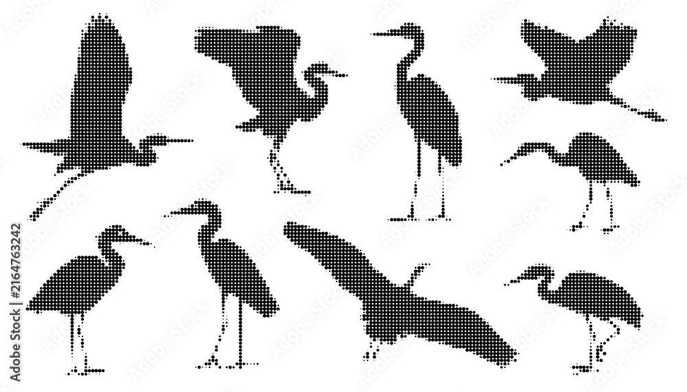 Naklejka premium Set of halftone heron bird silhouettes