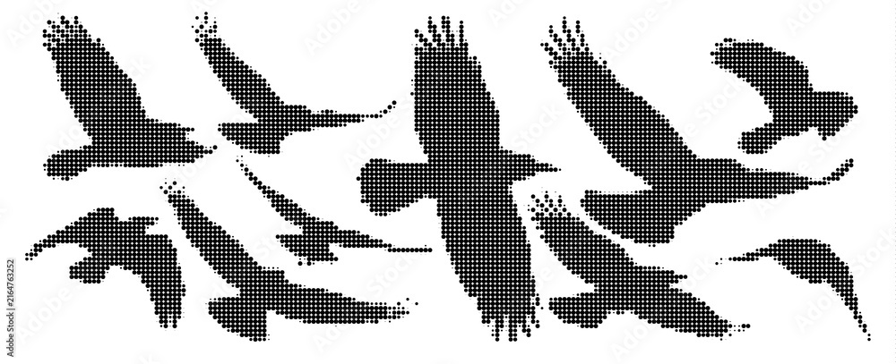 Naklejka premium Set of halftone silhouettes of birds in flight