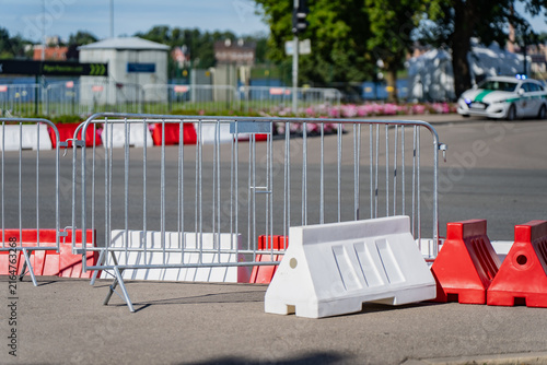 Canvastavla Modular steel crowd control barricades and plastic safety barriers erected for p