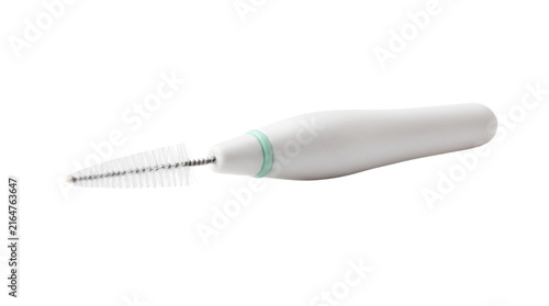 Interdental cleaning brush for daily oral hygiene, dental care routines, personal care products and bathroom essentials. Isolated on White background.
