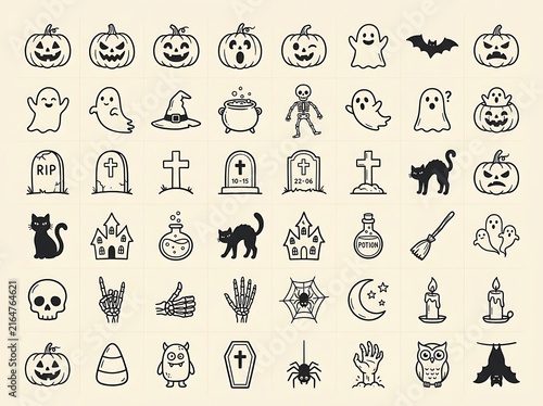 Halloween themed icons featuring pumpkins ghosts skeletons and spooky symbols isolated on transparent background