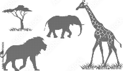 Canvas Print Set of halftone silhouettes of african safari animals including lion elephant an