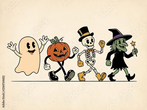 Halloween cartoon characters including ghost skeleton jack o lantern witch walking together cheerful illustration